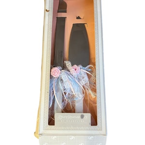 Vintage Heartline Wedding Cake Server Set: Marbleized Handles, Original Box