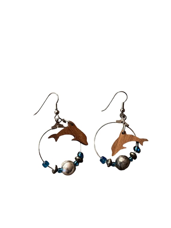 Vintage handmade Dolphin earrings, wooden dolphin 