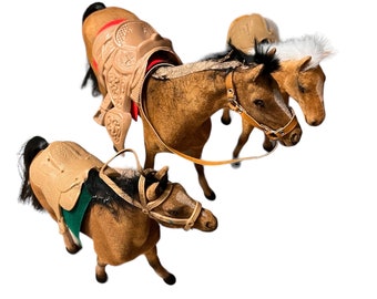 Vintage Horses, plastic Velvet Flocked Felt Brown Horses with saddles and reigns