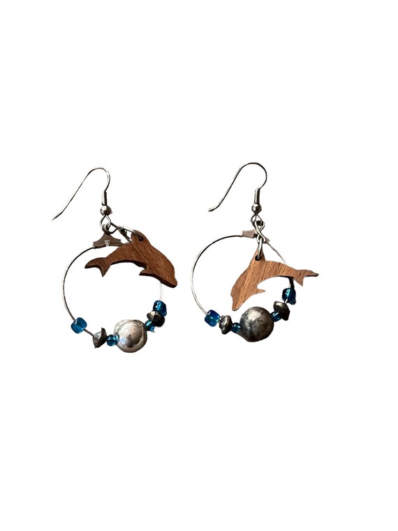 Vintage handmade Dolphin earrings, wooden dolphin… - image 3