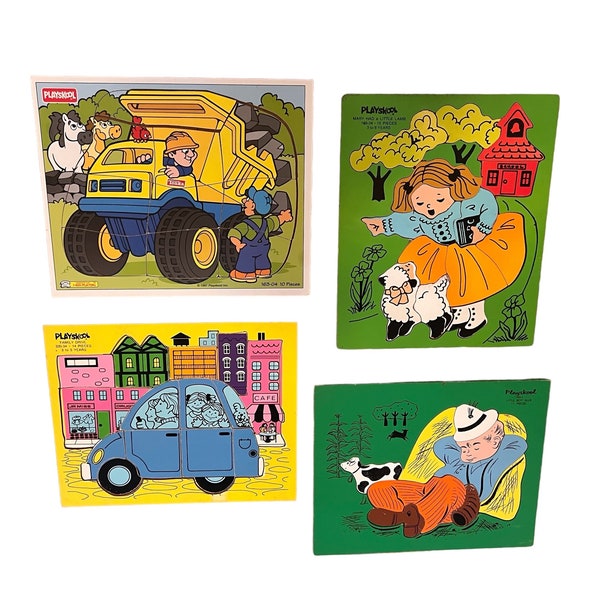 Vintage houten kinderpuzzels, grote dikke stukken, Playskool houten puzzels uit de jaren 90 van 3 tot 6 jaar, Tonka Truck, Family Drive, Little Boy Blue