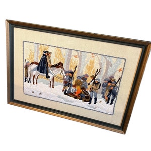 Vintage Framed George Washington at Valley Forge Crewel Embroidery Art