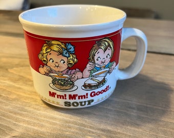 Vintage 1989 Campbells rood-witte soep mok die zegt M'm M'm Good!