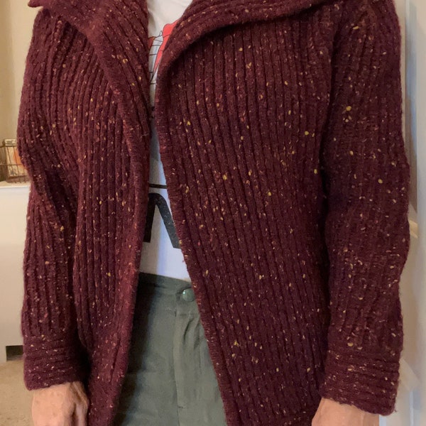 Vintage Wool Speckled Burgundy Cardigan Sweater with pockets by Hathaway, Women's Wool cardigan