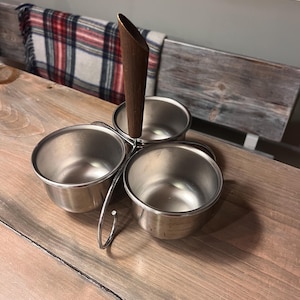 Vintage Danish Design Condiment Caddy, Stainless Steel Bowls w/Wood Handle, MCM Relish Set, MCM Sauce Server, Ketchup Mustard Relish Set