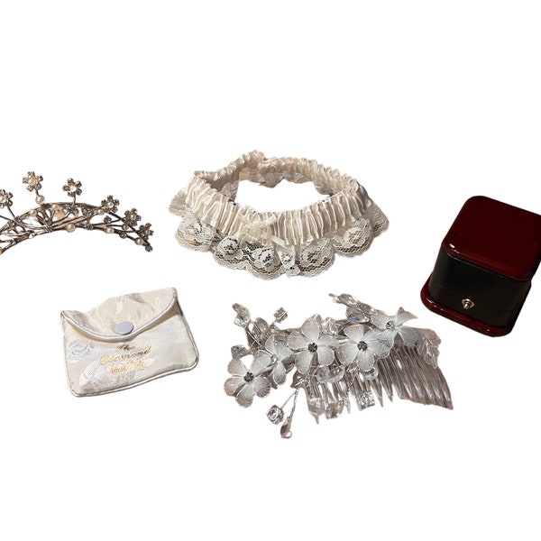 Vintage wedding Items, Wedding hair clip, wedding tiara, beaded tiara, garter belt, ring pouch, men's ring box