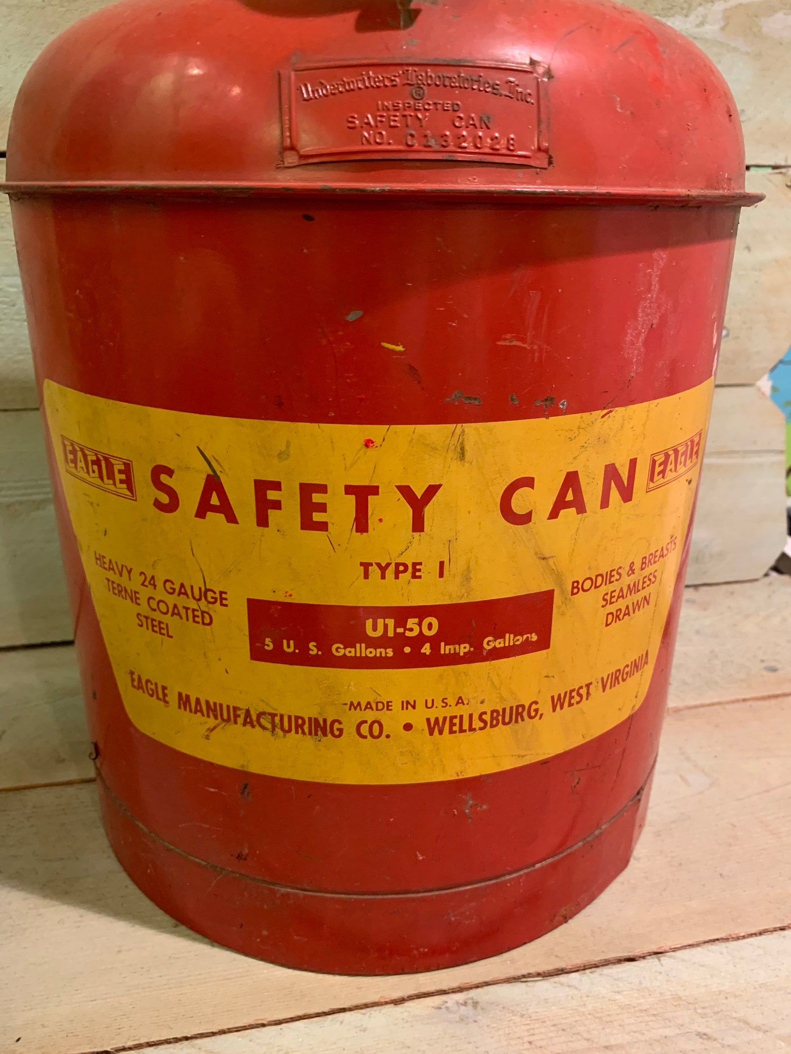Vintage Eagle Safety Can 5 Gallon Gas Can U150 Eagle Manufacturing Co Wellsburg, West Virginia