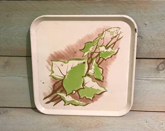 Vintage metal tray Serv-a-dish shabby chic green leaves on a branch