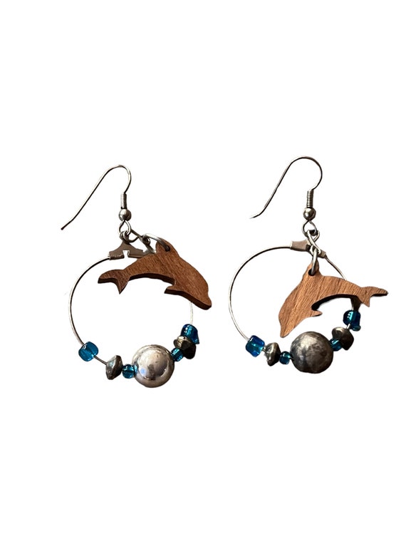 Vintage handmade Dolphin earrings, wooden dolphin… - image 2