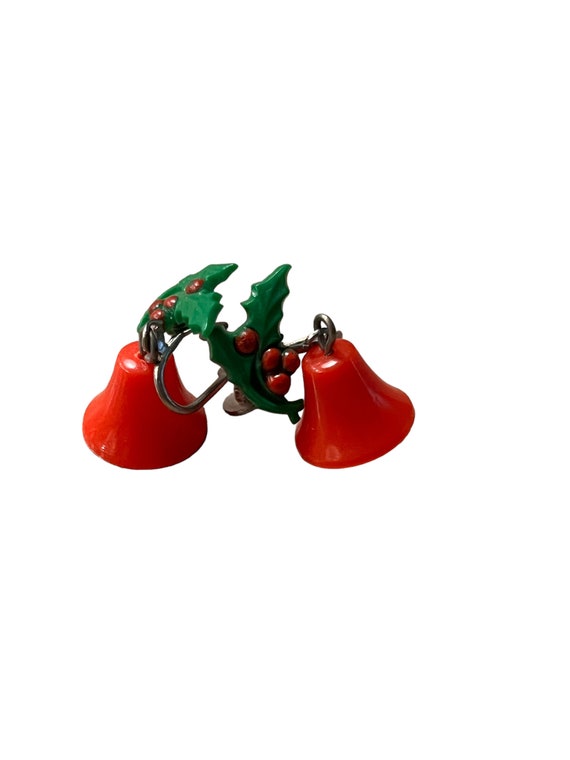 Vintage Christmas Red Bell Holly Screw Back Earri… - image 2