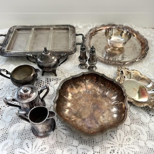 Argent vintage, ensemble de pots à crème en argent, salières et poivrières en argent sterling, bol festonné en argent, plateau de service en argent, plateau de relish en argent