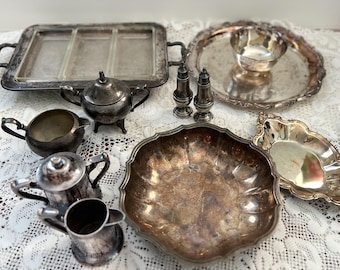 Vintage Silver, Silver Creamer Set, Sterling Silver Salt and Pepper Shakers, Silver Scalloped Bowl, Silver serving tray, Silver Relish tray