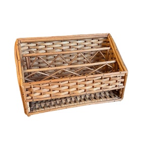Vintage bamboo, Wicker Rattan Desk Organizer, Letter Sorter, Coastal, Bill Organizer, Home Office Desk Organizer. Boho desk organizer