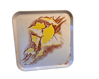 Vintage Metal Tray, Retro Floral Kitchen Wall Decor, Mid Century Serving Tray, Yellow Green Leaf Tray, 10.75 Inch