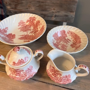 Porcellana Ironstone Vintage Collezione Ferry, Made in England, decorazione a trasferimento rosso