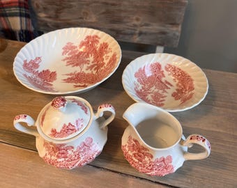 Vintage Ironstone The Ferry Collection, gemaakt in Engeland, China, rood transferware