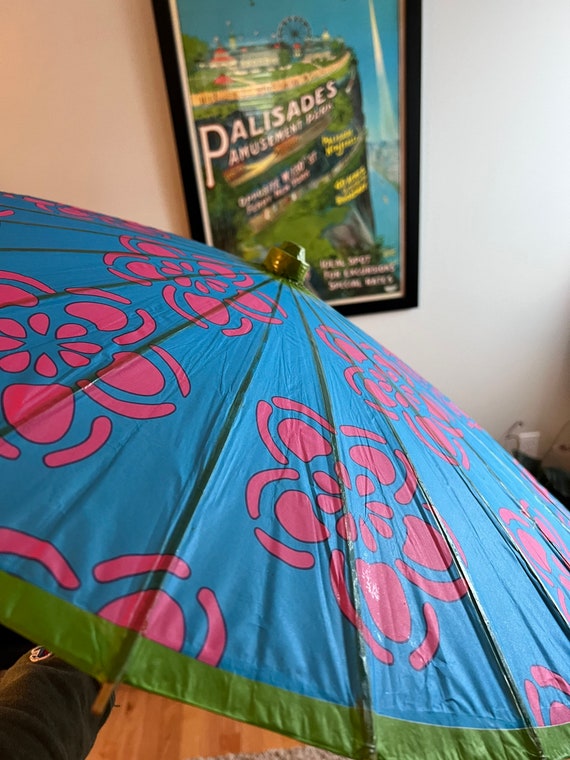 Vintage Rice Paper Bamboo Parasol Umbrella colorf… - image 9