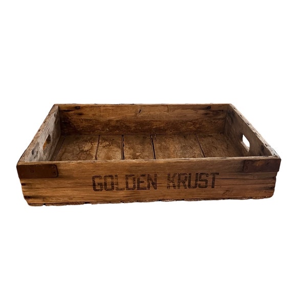 Large Vintage Wooden Golden Krust Bread Crate, Farmhouse crate, primitive crate, old advertising box, RARE, 19" by 27"