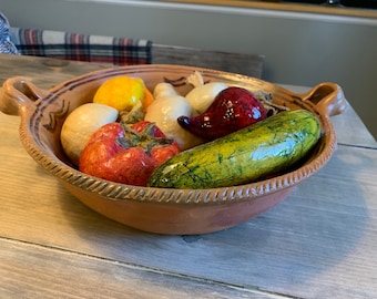 Vintage glazed pottery fruit bowl with paper mache fruit vibrant colors