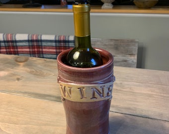 Handmade Pottery Wine Chiller Signed 2006 Mauve Blue Marbled Ceramic Wine Cooler Bottle Holder