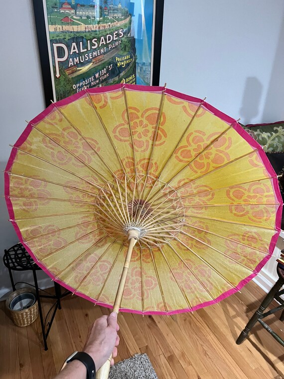 Vintage Rice Paper Bamboo Parasol Umbrella colorf… - image 5