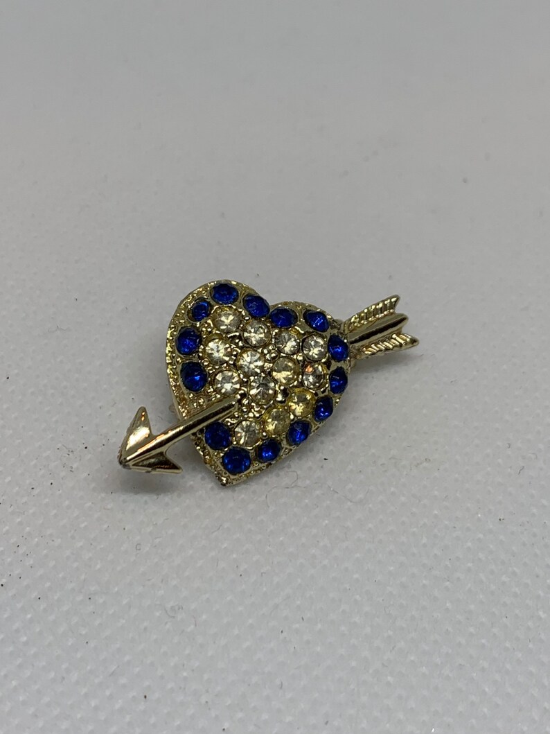 Vintage Sapphire Blue Rhinestone Heart with Arrow Pin Vintage Heart with Arrow Pin Valentine Sweetheart Rhinestones