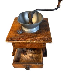 Antique Coffee Grinder | Vintage Hand Crank Mill | Iron & Wood | Rustic Farmhouse Kitchen Decor | Mid Century Coffee Mill