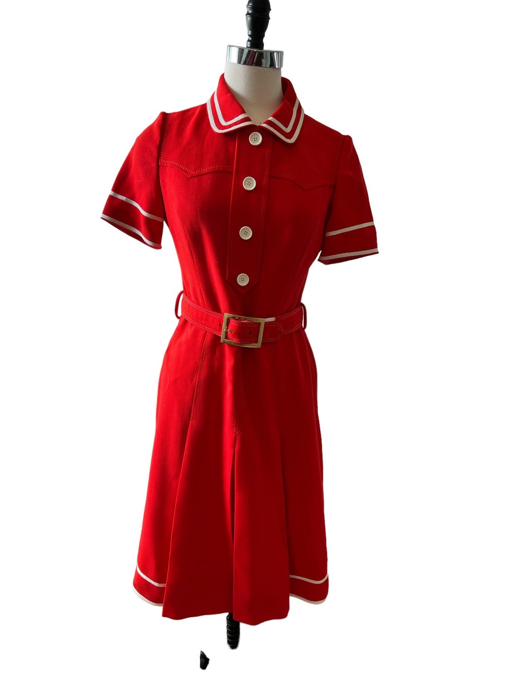 Vintage 1950's Red Sailor Collar Dress Modern Day Size 4, Red Pleated