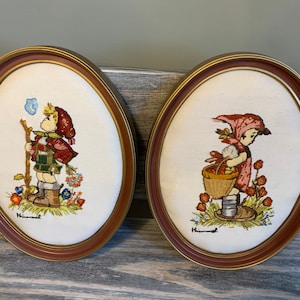 Vintage Hummel Crewel Embroidery Peasant Boy & Girl - Framed Crewel Art, Pair of Crewels
