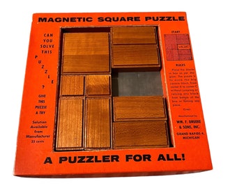 Vintage 1961 Magnetic Square Puzzle game, Solitaire Game, Wooden Block Puzzle