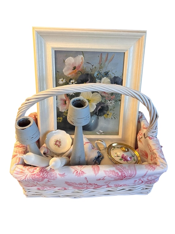 French Cottage Gift Basket Vintage Inspired Decor Set Floral Painting Candlesticks Doilies Butter Pat Gift Set