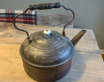 Antique Tea Kettle With Wood Turned Handle, Farmhouse Kitchen
