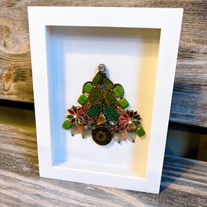 Christmas Tree Jewelry Art made with vintage jewelry, or brooches White Frame, Free Standing or Wall Hung