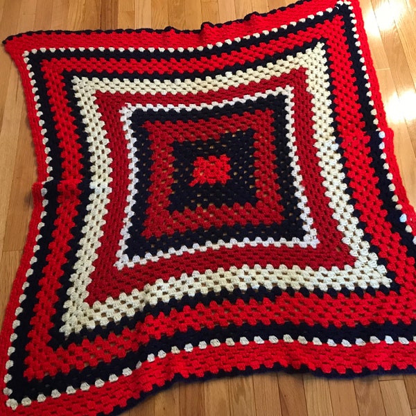 Vintage retro Afghan, knitted, crochet blanket Red, white, and indigo blue 4th of July Patriotic USA