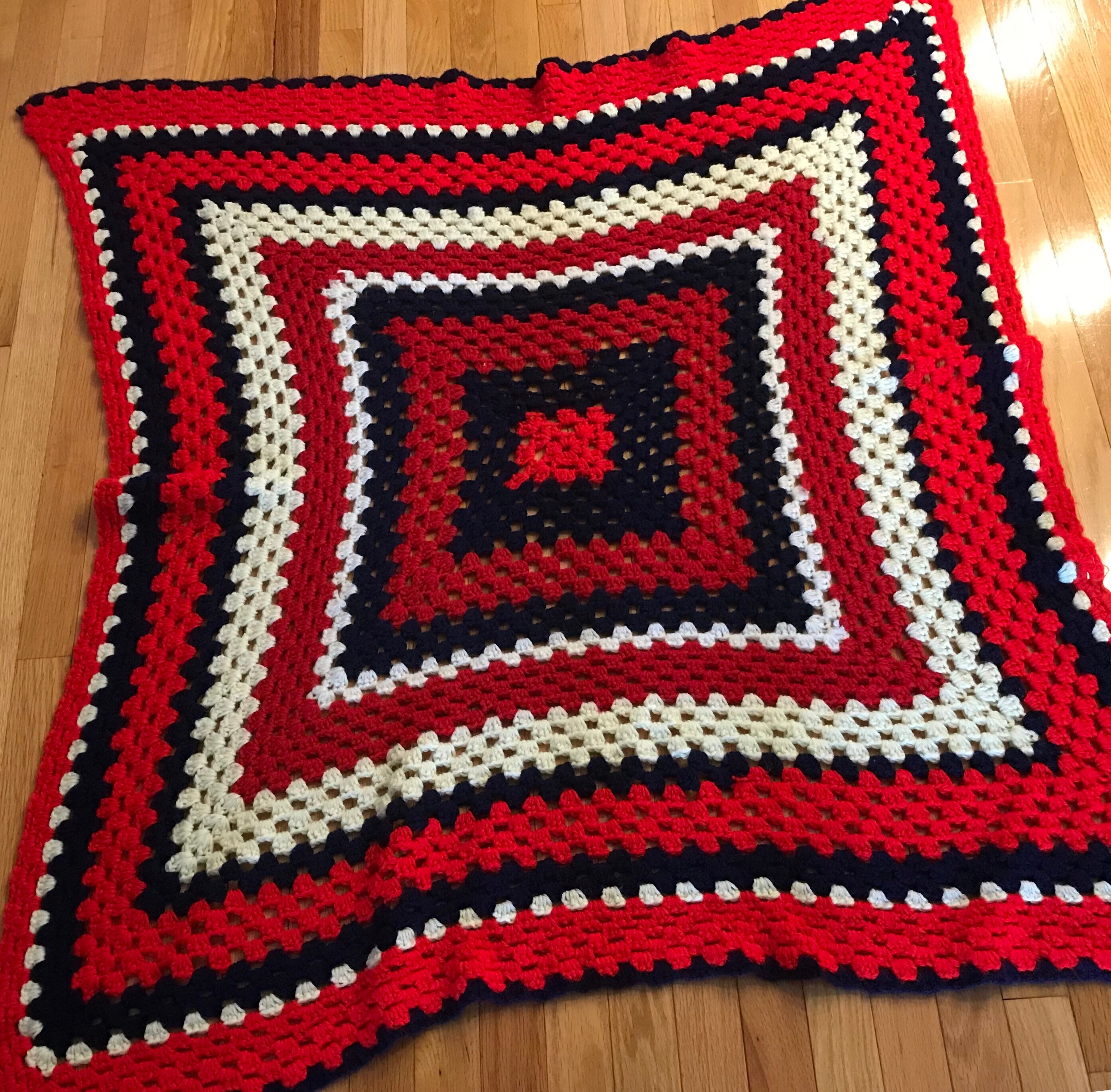 Vintage Retro Afghan, Knitted, Crochet Blanket Red, White, and Indigo