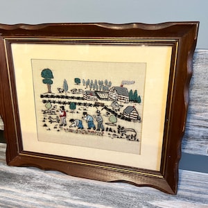 Vintage 1970s Framed Crewel Art, Crewel Embroidery Wall Art, Vintage needlework framed art, Field Farmers, goats, trees, dogs, stunning!