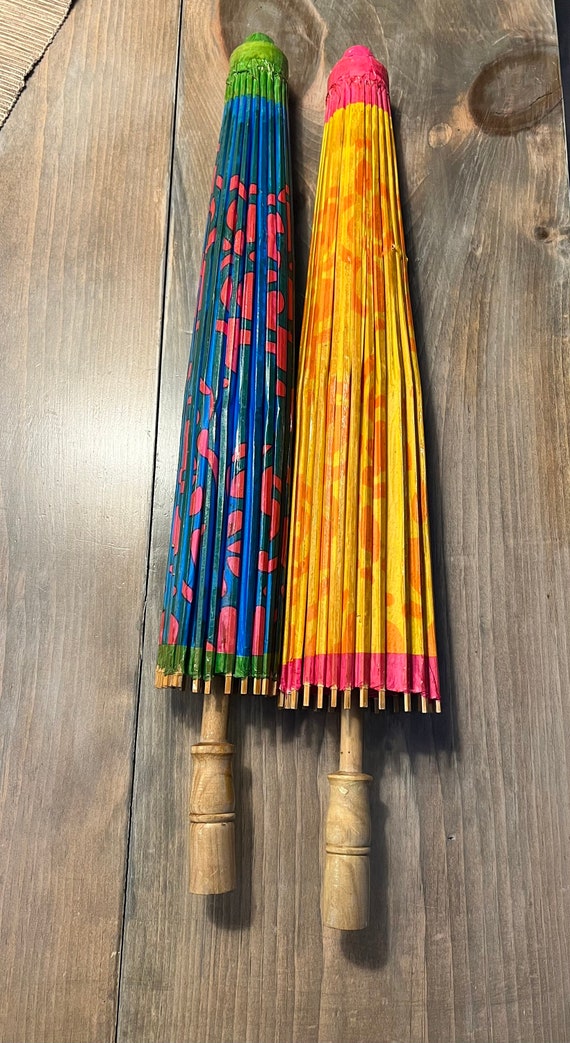 Vintage Rice Paper Bamboo Parasol Umbrella colorf… - image 3