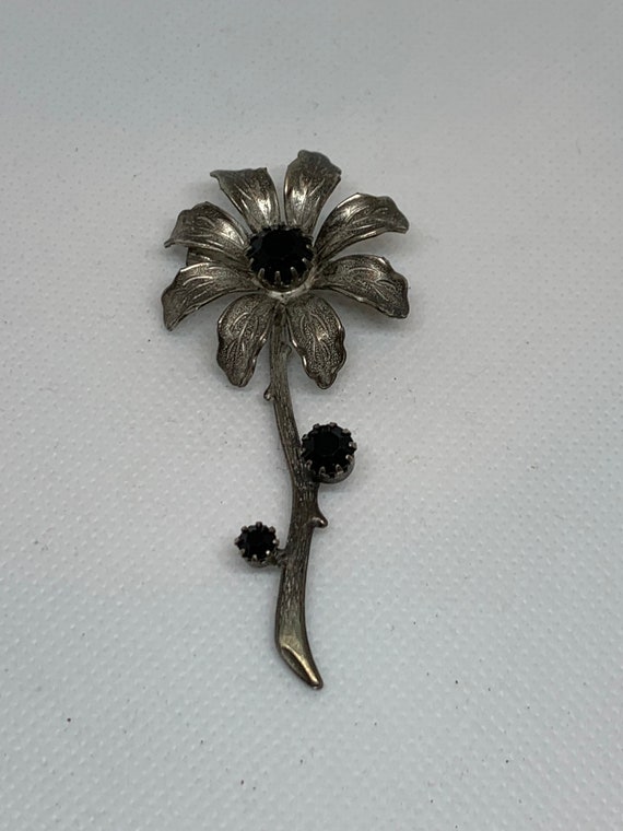 Vintage black flower petal brooch pin Silver Flowe