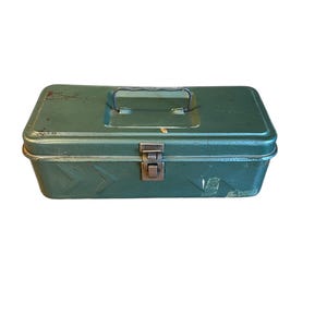 Vintage green toolbox with metal handle, farmhouse decor, industrial storage box, craft tool box, craft storage