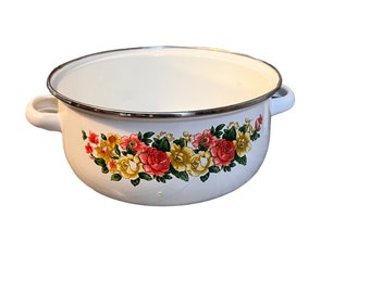 Vintage Enamel Planter White Floral Pot Succulent Planter Herb Garden Pot Farmhouse Decor