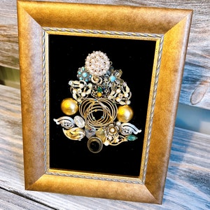 Christmas Tree Jewelry Art made with vintage jewelry, or brooches Gold Frame with black velvet, Table Top