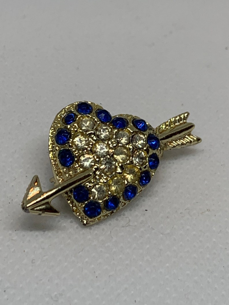 Vintage Sapphire Blue Rhinestone Heart with Arrow Pin Vintage Heart with Arrow Pin Valentine Sweetheart Rhinestones
