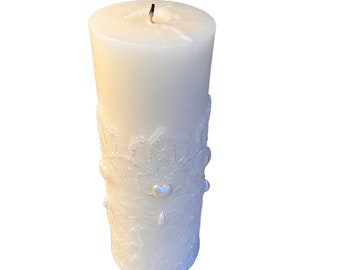 White Wedding candle, white lace ornamental candle for wedding couple for church ceremony