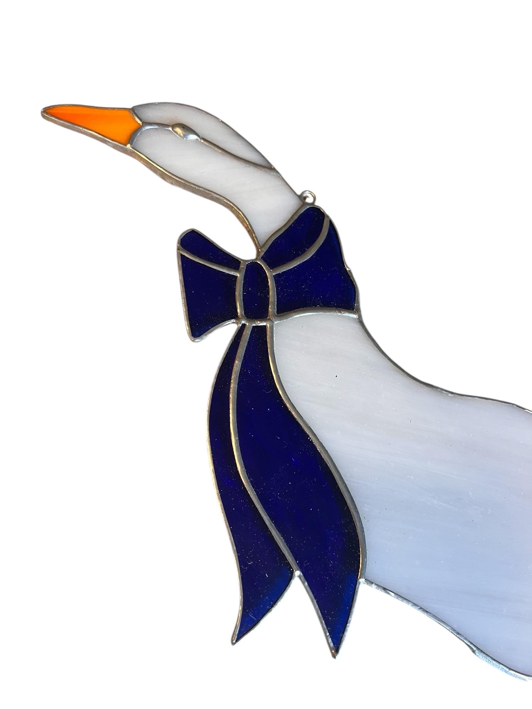 Whimsical Blue Ribbon Goose Stained Glass Sun Catcher Goose Decor Silly ...