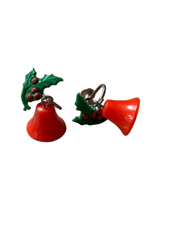 Vintage Christmas Red Bell Holly Screw Back Earri… - image 1