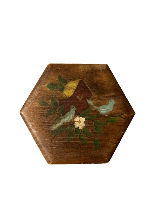 Vintage wooden trinket box, hexagon shaped, small 