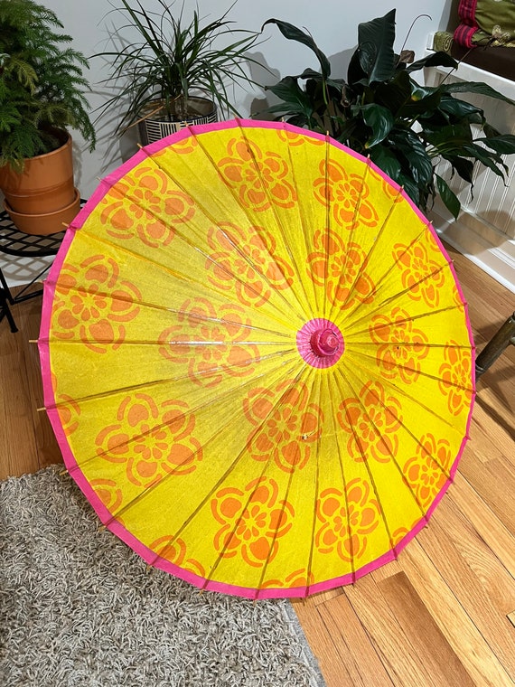 Vintage Rice Paper Bamboo Parasol Umbrella colorf… - image 1