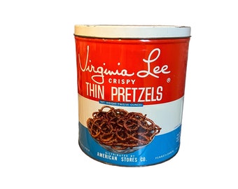 Vintage Virginia Lee Crispy Thin Pretzel tin.  Red, white, and Blue, Americana Distributed by American Stores Co. Philadelphia, Pennsylvania