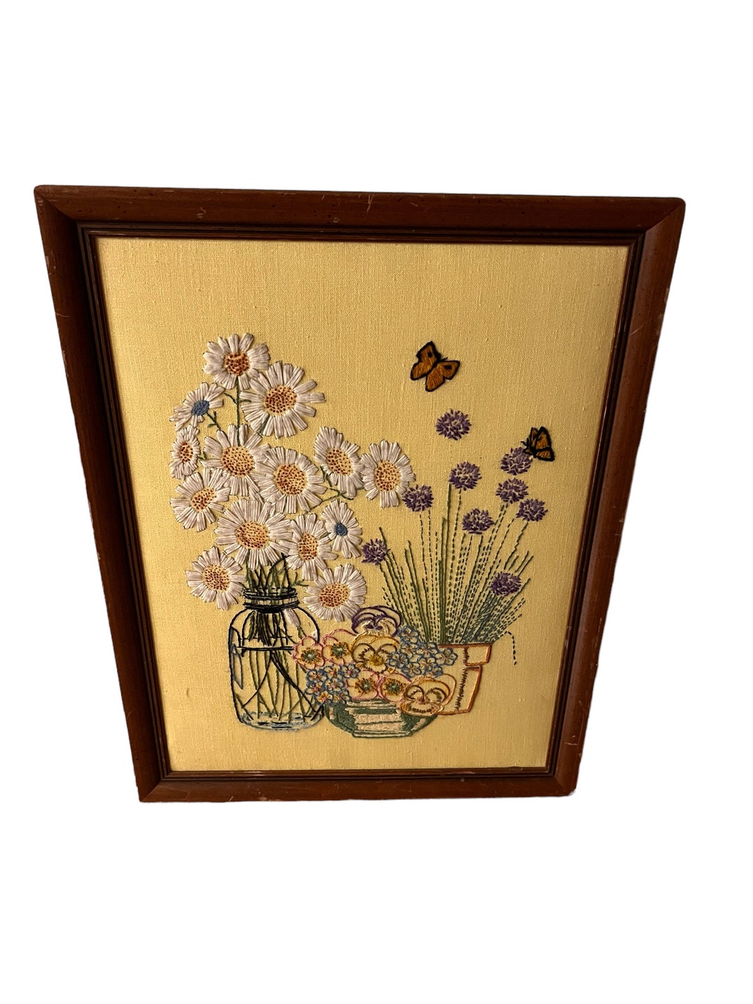 Vintage 1970s Framed Crewel Art, Crewel Embroidery Wall Art, Vintage