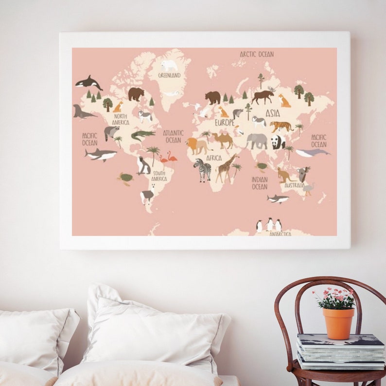 Pink Animal World Map, Kids Map Art, Map Nursery Printable, Kids Map